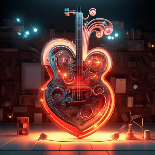 Give me an image that is a heart in 3D as if it were a target, hit right in the middle with a musical note.