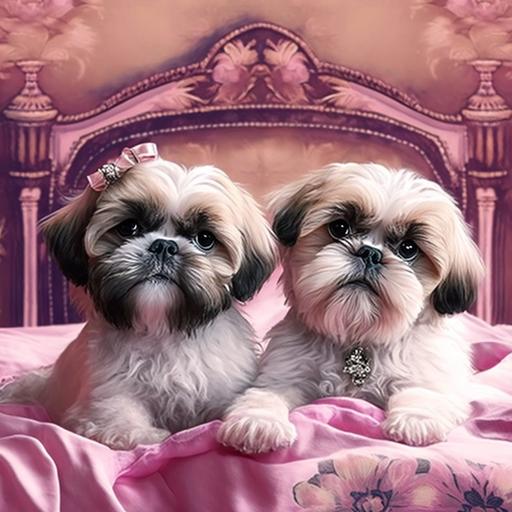 Shih Tzu puppies on a pink boho glam bed