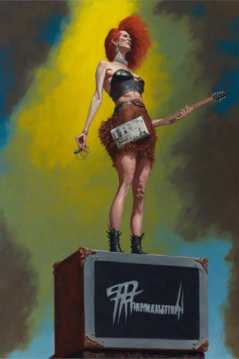 Glam Metal Queen standing on top of a Marshall amp, intricate detail, mature redhead woman, oil-painting by Frank Frazetta, grainy canva, brush strokes, --ar 2:3