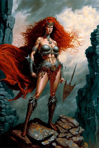 Glam Metal Valkyrie redhead mature woman standing on a rock, oil-painting by Boris Vallejo and Gustave Doré, --ar 2:3 --seed 1450916341