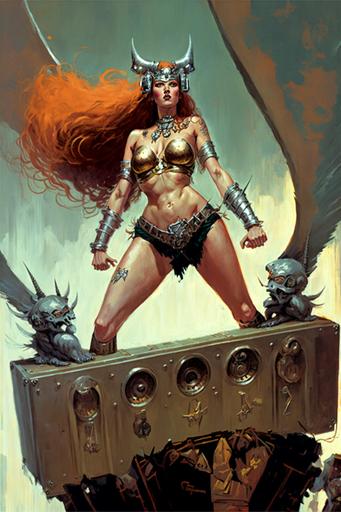 Glam Metal Valkyrie standing on top of a Marshall amp, intricate detail, mature redhead woman, oil-painting by Frank Frazetta, grainy canva, brush strokes, --ar 2:3