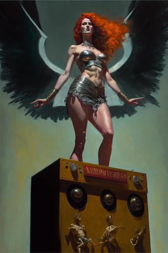 Glam Metal mythological figure standing on top of a Marshall amp, intricate detail, mature redhead woman, oil-painting by Frank Frazetta, grainy canva, brush strokes,     , --ar 2:3