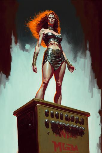 Glam Metal mythological figure standing on top of a Marshall amp, intricate detail, mature redhead woman, oil-painting by Frank Frazetta, grainy canva, brush strokes,     , --ar 2:3