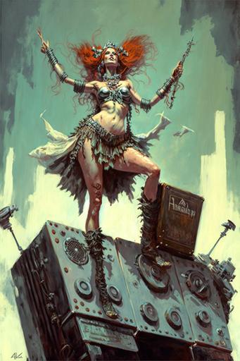 Glam Metal priestess standing on top of a Marshall amp, glam metal toga, intricate detail, mature redhead woman, oil-painting by Frank Frazetta, grainy canva, brush strokes, --ar 2:3