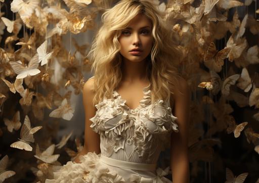 Glam white and gold Butterfly Wings Digital Backdrop with beautiful blonde woman posing in foreground, Bohemian white and gold coloured florals, clouds, studio backdrop textured canvas, oversized curtain, muted tones, photo - realistic, cinematic, hair light, studio light, smoke, sparkels, volumetric, atmospheric, centered, hyperrealistic, octane render, symmetrical, sharp focus, detailed, volumetric, realistic, sharp focus, vignette, HD, photorealistic, Cinematic, Color Grading, portrait Photography, ProPhoto RGB, Natural Lighting, Cinematic, Accent Lighting, incredibly detailed and intricate, elegant, realistic, super detailed, beautiful blonde woman --ar 7:5 --s 750