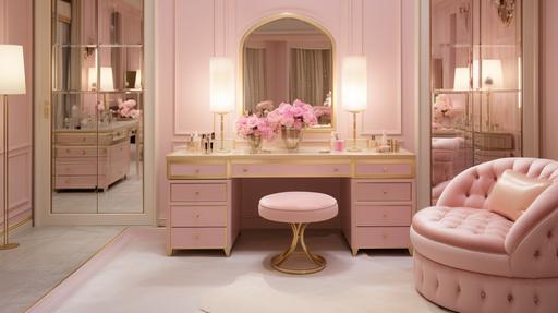 Glamorous Dressing Room Office: Description: Illustrate an office designed as a glamorous dressing room, featuring Hollywood-style vanity mirrors, dressing tables, and opulent seating. Color Palette: Dressing Room Pink, Mirror Gold, Opulent White. --ar 16:9