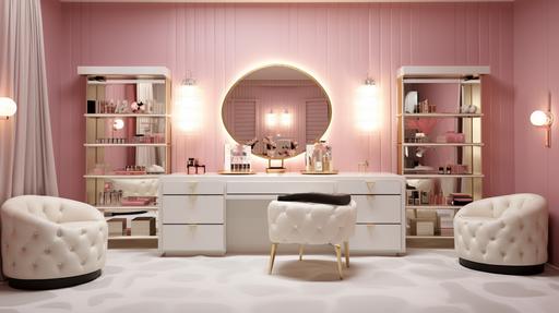 Glamorous Dressing Room Office: Description: Illustrate an office designed as a glamorous dressing room, featuring Hollywood-style vanity mirrors, dressing tables, and opulent seating. Color Palette: Dressing Room Pink, Mirror Gold, Opulent White. --ar 16:9