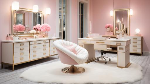 Glamorous Dressing Room Office: Description: Illustrate an office designed as a glamorous dressing room, featuring Hollywood-style vanity mirrors, dressing tables, and opulent seating. Color Palette: Dressing Room Pink, Mirror Gold, Opulent White. --ar 16:9 --v 5.2
