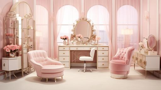 Glamorous Dressing Room Office: Description: Illustrate an office designed as a glamorous dressing room, featuring Hollywood-style vanity mirrors, dressing tables, and opulent seating. Color Palette: Dressing Room Pink, Mirror Gold, Opulent White. --ar 16:9 --v 5.2