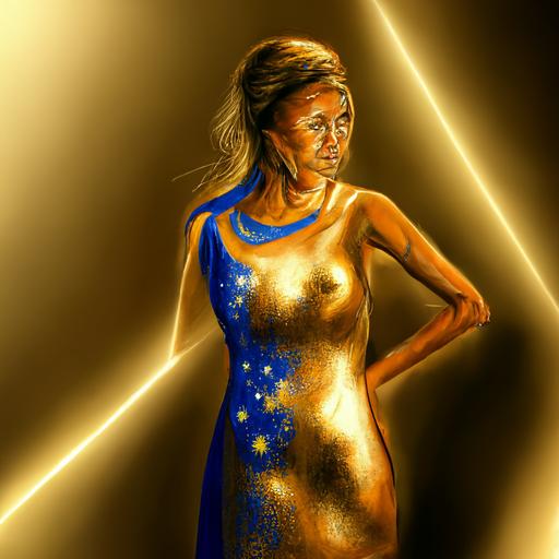tan woman in a gold dress, outlined by blue light, shimmering star background