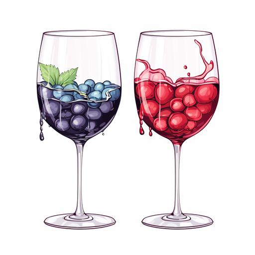 Glass of water, fruit smoothie, glass of red wine, soft color palette, art style, high detail, vector, contour, white background.