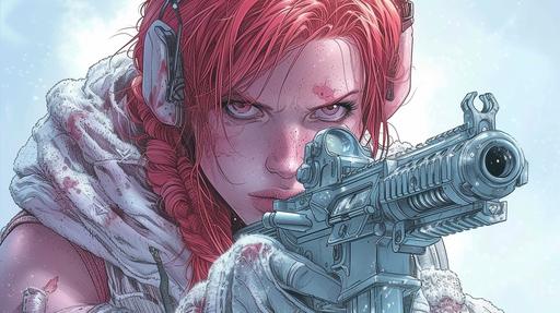 Glitchcore, Marvel's halftone Doodle Bulgy Red Sonja holidng an ak 47 by by Hiro Mashima and Jim Lee, iconic, poster, western-eastern hybrid, amazingly detailed cybernetic aesthetic Synth-Anicore --ar 16:9 --c 13 --w 0 --v 6.0 --s 400