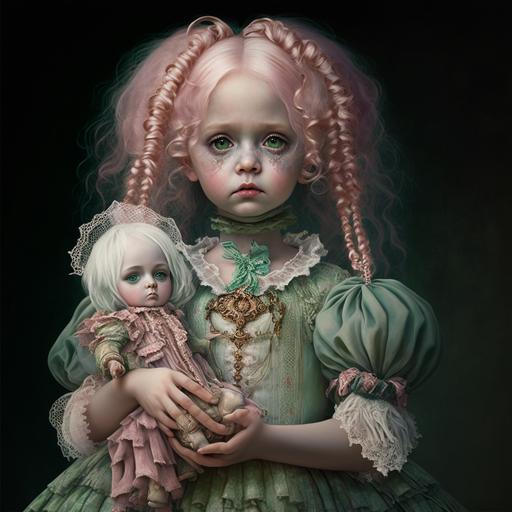 Gloiwng green ghost girl, pink hair, holding a victorian porcelain doll, fantasy, hyper-realistic