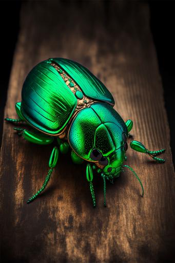 Glossy green iron ladybug on an old wooden table with a dark wood desk backdrop , movie , Photography , microscope , High quality , movie shot , Dramatic scene , Exact colors , in-depth details , --ar 2:3