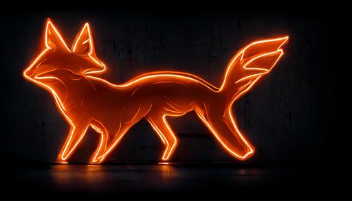 Glowing orange neon sign outline of fox, mounted on a dark brick wall, at night, cinematic 4k --ar 16:9