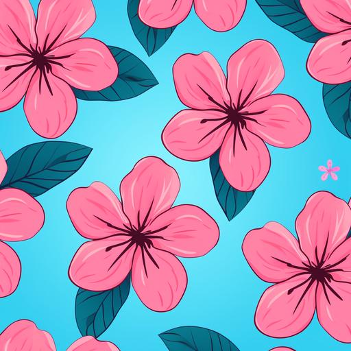 repeating pattern pink hawaiian flower with blue bakcground, colorful, simplistic 2D design, cartoon style, without outline