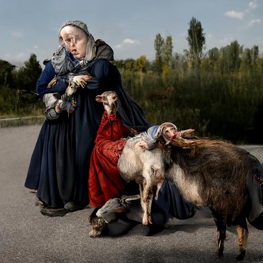 two women kidnapping a goat 4k highly detailed post processing by Rudolph Zallinger. Van der Weyden. Veronese. Roy Besser. Dorothy Hood. trending on artstation matte painting, high key color, CGSociety, matte painting, realistic materials, photo realistic, postprocessing