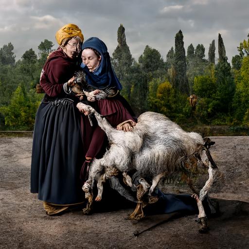 two women kidnapping a goat 4k highly detailed post processing by Rudolph Zallinger. Van der Weyden. Veronese. Roy Besser. Dorothy Hood. trending on artstation matte painting, high key color, CGSociety, matte painting, realistic materials, photo realistic, postprocessing