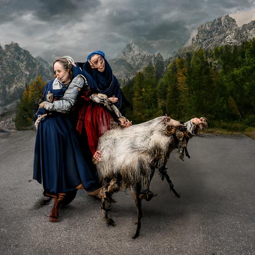 two women kidnapping a goat 4k highly detailed post processing by Rudolph Zallinger. Van der Weyden. Veronese. Roy Besser. Dorothy Hood. trending on artstation matte painting, high key color, CGSociety, matte painting, realistic materials, photo realistic, postprocessing