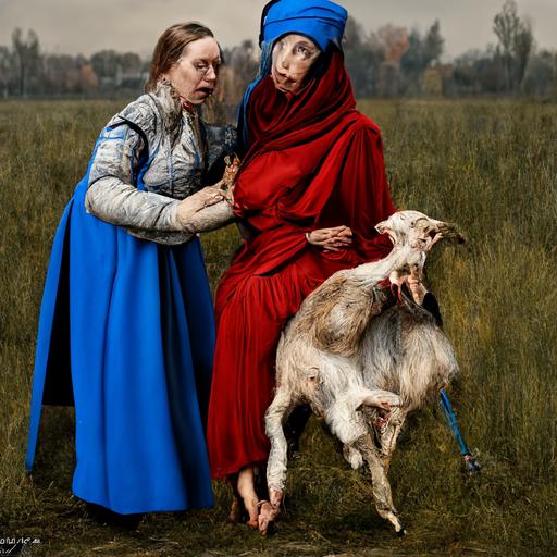 two women kidnapping a goat 4k highly detailed post processing by Rudolph Zallinger. Van der Weyden. Veronese. Roy Besser. Dorothy Hood. trending on artstation matte painting, high key color, CGSociety, matte painting, realistic materials, photo realistic, postprocessing