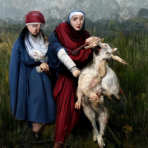 two women kidnapping a goat 4k highly detailed post processing by Rudolph Zallinger. Van der Weyden. Veronese. Roy Besser. Dorothy Hood. trending on artstation matte painting, high key color, CGSociety, matte painting, realistic materials, photo realistic, postprocessing