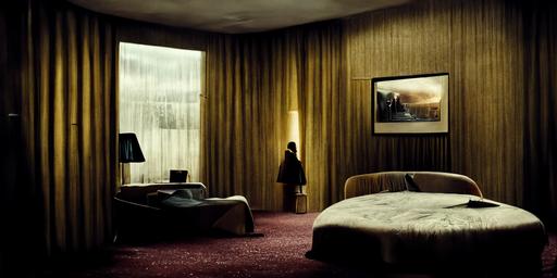 vacant upscale hotel room ominous mood realistic Kubrick cinematic still --w 512