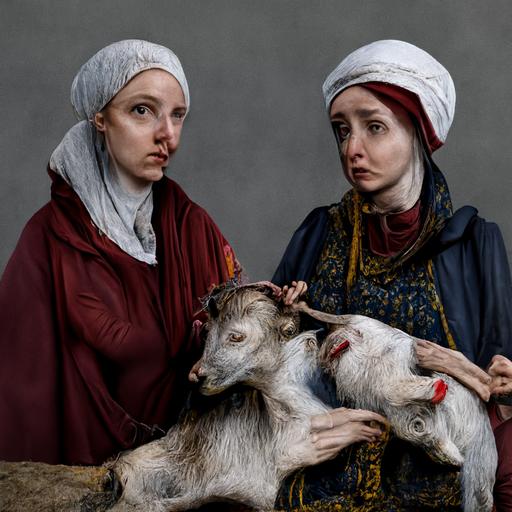 two women kidnapping a goat 4k highly detailed post processing by Rudolph Zallinger. Van der Weyden. Veronese. Roy Besser. Dorothy Hood. trending on artstation matte painting, high key color, CGSociety, matte painting, realistic materials, photo realistic, postprocessing