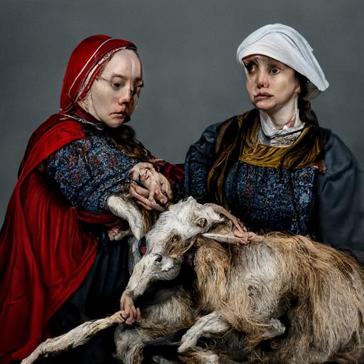 two women kidnapping a goat 4k highly detailed post processing by Rudolph Zallinger. Van der Weyden. Veronese. Roy Besser. Dorothy Hood. trending on artstation matte painting, high key color, CGSociety, matte painting, realistic materials, photo realistic, postprocessing