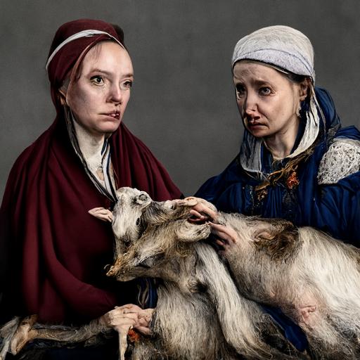 two women kidnapping a goat 4k highly detailed post processing by Rudolph Zallinger. Van der Weyden. Veronese. Roy Besser. Dorothy Hood. trending on artstation matte painting, high key color, CGSociety, matte painting, realistic materials, photo realistic, postprocessing