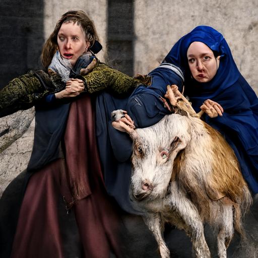 two women kidnapping a goat 4k highly detailed post processing by Rudolph Zallinger. Van der Weyden. Veronese. Roy Besser. Dorothy Hood. trending on artstation matte painting, high key color, CGSociety, matte painting, realistic materials, photo realistic, postprocessing