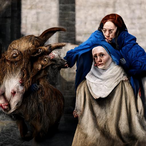 two women kidnapping a goat 4k highly detailed post processing by Rudolph Zallinger. Van der Weyden. Veronese. Roy Besser. Dorothy Hood. trending on artstation matte painting, high key color, CGSociety, matte painting, realistic materials, photo realistic, postprocessing