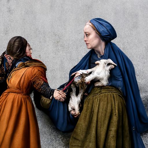 two women kidnapping a goat 4k highly detailed post processing by Rudolph Zallinger. Van der Weyden. Veronese. Roy Besser. Dorothy Hood. trending on artstation matte painting, high key color, CGSociety, matte painting, realistic materials, photo realistic, postprocessing