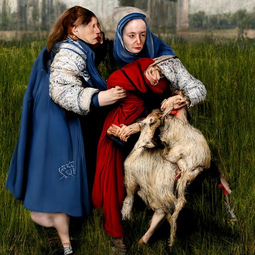 two women kidnapping a goat 4k highly detailed post processing by Rudolph Zallinger. Van der Weyden. Veronese. Roy Besser. Dorothy Hood. trending on artstation matte painting, high key color, CGSociety, matte painting, realistic materials, photo realistic, postprocessing