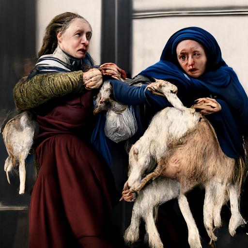 two women kidnapping a goat 4k highly detailed post processing by Rudolph Zallinger. Van der Weyden. Veronese. Roy Besser. Dorothy Hood. trending on artstation matte painting, high key color, CGSociety, matte painting, realistic materials, photo realistic, postprocessing