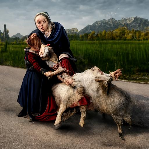 two women kidnapping a goat 4k highly detailed post processing by Rudolph Zallinger. Van der Weyden. Veronese. Roy Besser. Dorothy Hood. trending on artstation matte painting, high key color, CGSociety, matte painting, realistic materials, photo realistic, postprocessing