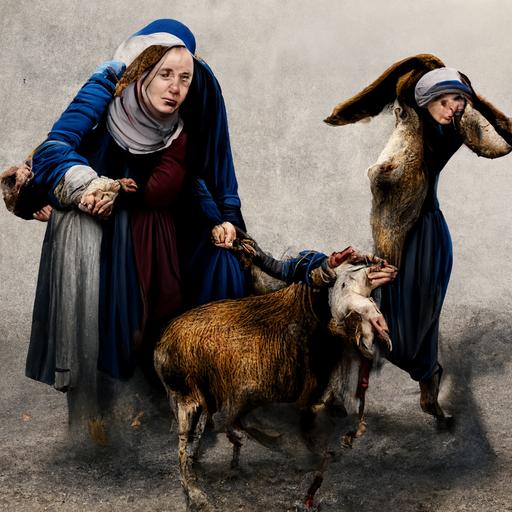 two women kidnapping a goat 4k highly detailed post processing by Rudolph Zallinger. Van der Weyden. Veronese. Roy Besser. Dorothy Hood. trending on artstation matte painting, high key color, CGSociety, matte painting, realistic materials, photo realistic, postprocessing