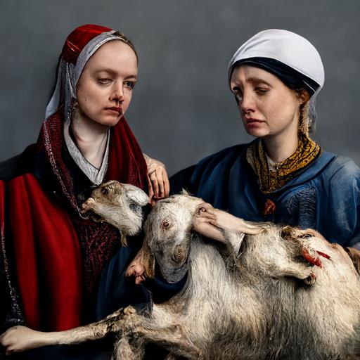 two women kidnapping a goat 4k highly detailed post processing by Rudolph Zallinger. Van der Weyden. Veronese. Roy Besser. Dorothy Hood. trending on artstation matte painting, high key color, CGSociety, matte painting, realistic materials, photo realistic, postprocessing