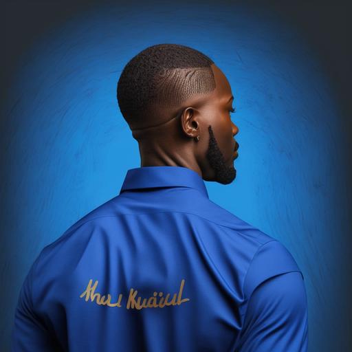 A black man with his back turned away from the camera looking up with the words MotivationGrid on the back of his royal blue shirt with a hazel background for a profile picture