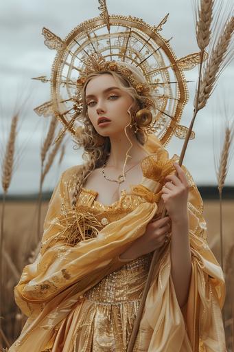 Goddess of the Harvest Moon in gold costume with sickle and wheat bundle standing in crop circles, in the style of bella kotak, by nina hodgkinson on 500px, in the style of prairiecore,pastoral, pastoral charm, pop inspo, troubadour style, detailed costumes, faith-inspired art, iconic, byzantine-inspired, celestialpunk, frederick sandys, hd, --ar 2:3 --s 250 --v 6.0
