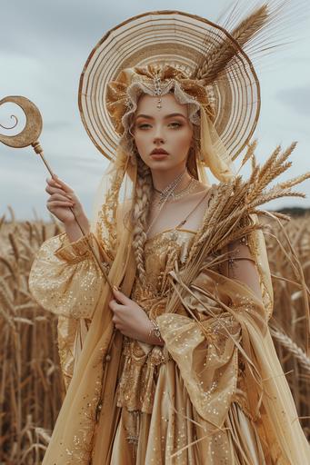 Goddess of the Harvest Moon in gold costume with sickle and wheat bundle standing in crop circles, in the style of bella kotak, by nina hodgkinson on 500px, in the style of prairiecore,pastoral, pastoral charm, pop inspo, troubadour style, detailed costumes, faith-inspired art, iconic, byzantine-inspired, celestialpunk, frederick sandys, hd, --ar 2:3 --s 250 --v 6.0
