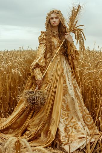 Goddess of the Wheat Harvest in gold costume with sickle and wheat bundle in a field of crop circles, in the style of bella kotak, by nina hodgkinson on 500px, in the style of prairiecore,pastoral, pastoral charm, pop inspo, troubadour style, detailed costumes, faith-inspired art, iconic, byzantine-inspired, celestialpunk, frederick sandys, --ar 2:3 --v 6.0