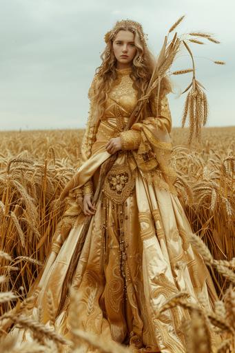 Goddess of the Wheat Harvest in gold costume with sickle and wheat bundle in a field of crop circles, in the style of bella kotak, by nina hodgkinson on 500px, in the style of prairiecore,pastoral, pastoral charm, pop inspo, troubadour style, detailed costumes, faith-inspired art, iconic, byzantine-inspired, celestialpunk, frederick sandys, --ar 2:3 --v 6.0