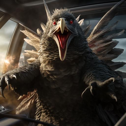 Godzilla as a metaphorical chicken with a rapid transit car in his mouth, in a picture full of tropes and memes