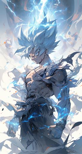 Goku with ultra instinct, around him is light blue energy mixed with white color, around him are lightning bolts, wallpaper, poster, in the style of kim jung gi, dark fantasy, luminous shadows, dramatic light, highly detailed, packed with hidden details, hyper realistic, colorful realism, realistic attention to detail, highly detailed, uhd image, colorful realism, UHD , 8K, luminous shadows --ar 69:128 --s 750 --niji 5