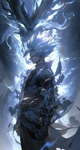 Goku with ultra instinct, around him is light blue energy mixed with white color, around him are lightning bolts, wallpaper, poster, in the style of kim jung gi, dark fantasy, luminous shadows, dramatic light, highly detailed, packed with hidden details, hyper realistic, colorful realism, realistic attention to detail, highly detailed, uhd image, colorful realism, UHD , 8K, luminous shadows --ar 69:128 --s 750 --niji 5