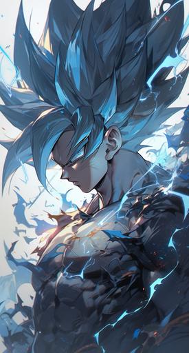 Goku with ultra instinct, around him is light blue energy mixed with white color, around him are lightning bolts, wallpaper, poster, in the style of kim jung gi, dark fantasy, luminous shadows, dramatic light, highly detailed, packed with hidden details, hyper realistic, colorful realism, realistic attention to detail, highly detailed, uhd image, colorful realism, UHD , 8K, luminous shadows --ar 69:128 --s 750 --niji 5