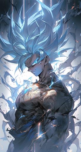 Goku with ultra instinct, around him is light blue energy mixed with white color, around him are lightning bolts, wallpaper, poster, in the style of kim jung gi, dark fantasy, luminous shadows, dramatic light, highly detailed, packed with hidden details, hyper realistic, colorful realism, realistic attention to detail, highly detailed, uhd image, colorful realism, UHD , 8K, luminous shadows --ar 69:128 --s 750 --niji 5