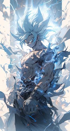 Goku with ultra instinct, around him is light blue energy mixed with white color, around him are lightning bolts, wallpaper, poster, in the style of kim jung gi, dark fantasy, luminous shadows, dramatic light, highly detailed, packed with hidden details, hyper realistic, colorful realism, realistic attention to detail, highly detailed, uhd image, colorful realism, UHD , 8K, luminous shadows --ar 69:128 --s 750 --niji 5