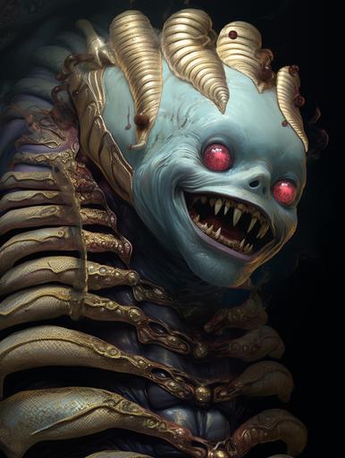 Gold Leaf Inchworm blob clown with blue hair, in the style of Guillermo Del Toro, Kerem Beyit, dark white and pink, Serge Marshennikov, fantasy illustrations, caterpillars --v 5.2 --ar 3:4