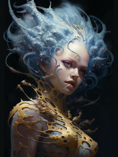 Gold Leaf Inchworm blob clown with blue hair, in the style of Guillermo Del Toro, Kerem Beyit, dark white and pink, Serge Marshennikov, fantasy illustrations, caterpillars --ar 3:4 --v 5.2